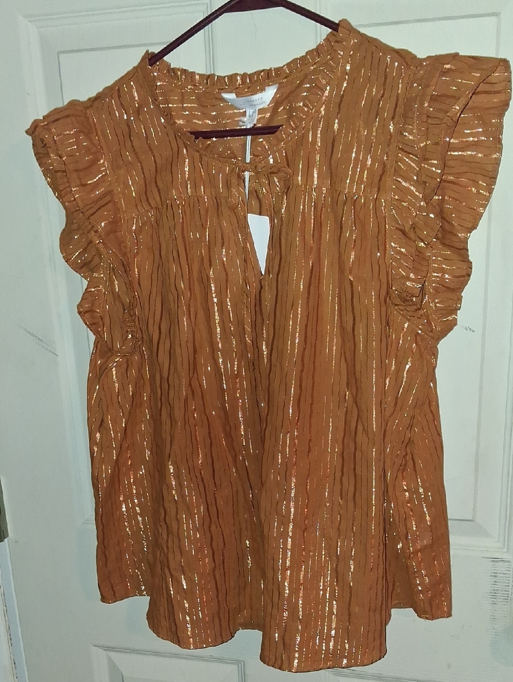 LC Lauren Conrad Burnt Orange Metallic Stripe Ruffle Sleeve Top